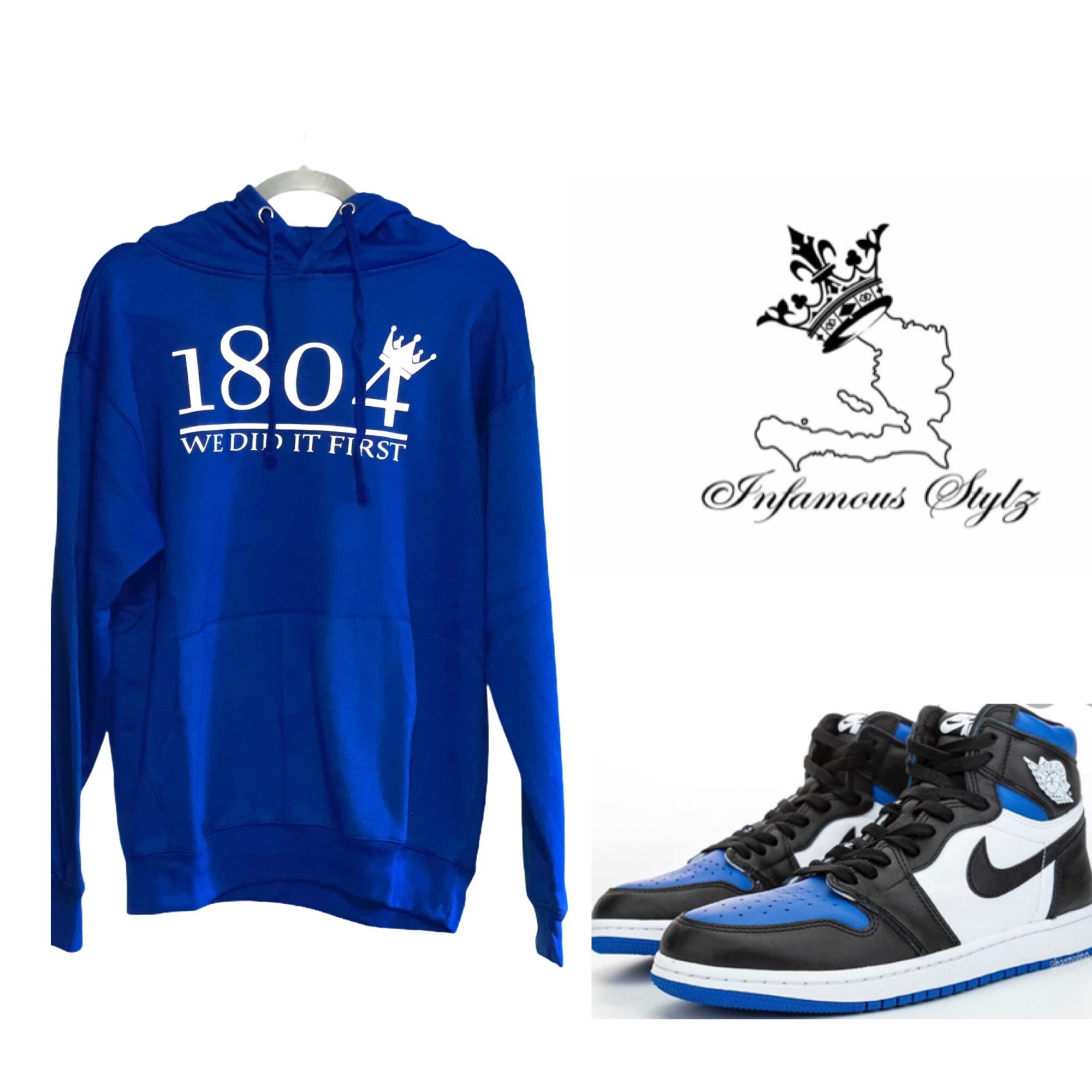 Blue hoodie with white text and logo, black and white sneakers, and a black and white graphic of a map with a crown.