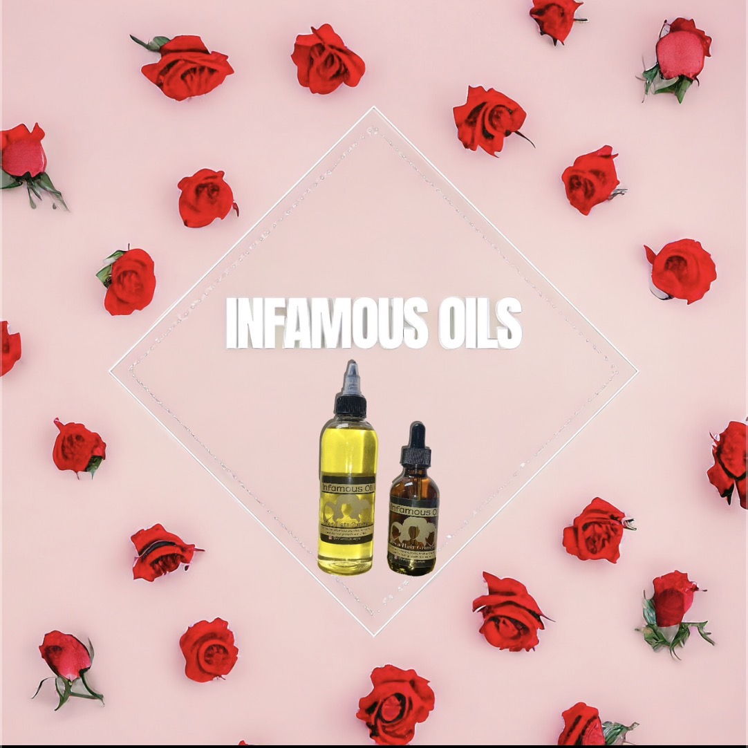 Two bottles of oils surrounded by red roses on a pink background with text 'INFAMOUS OILS' in the center.