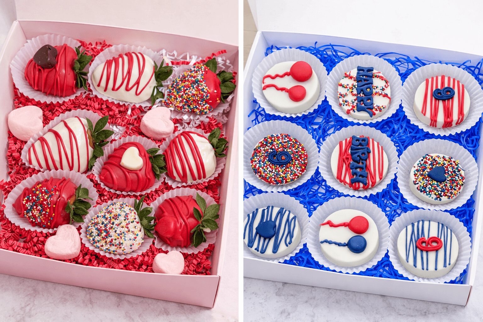 Two boxes of decorated cupcakes with red, white, and blue themes, including strawberries, sprinkles, and themed decorations.