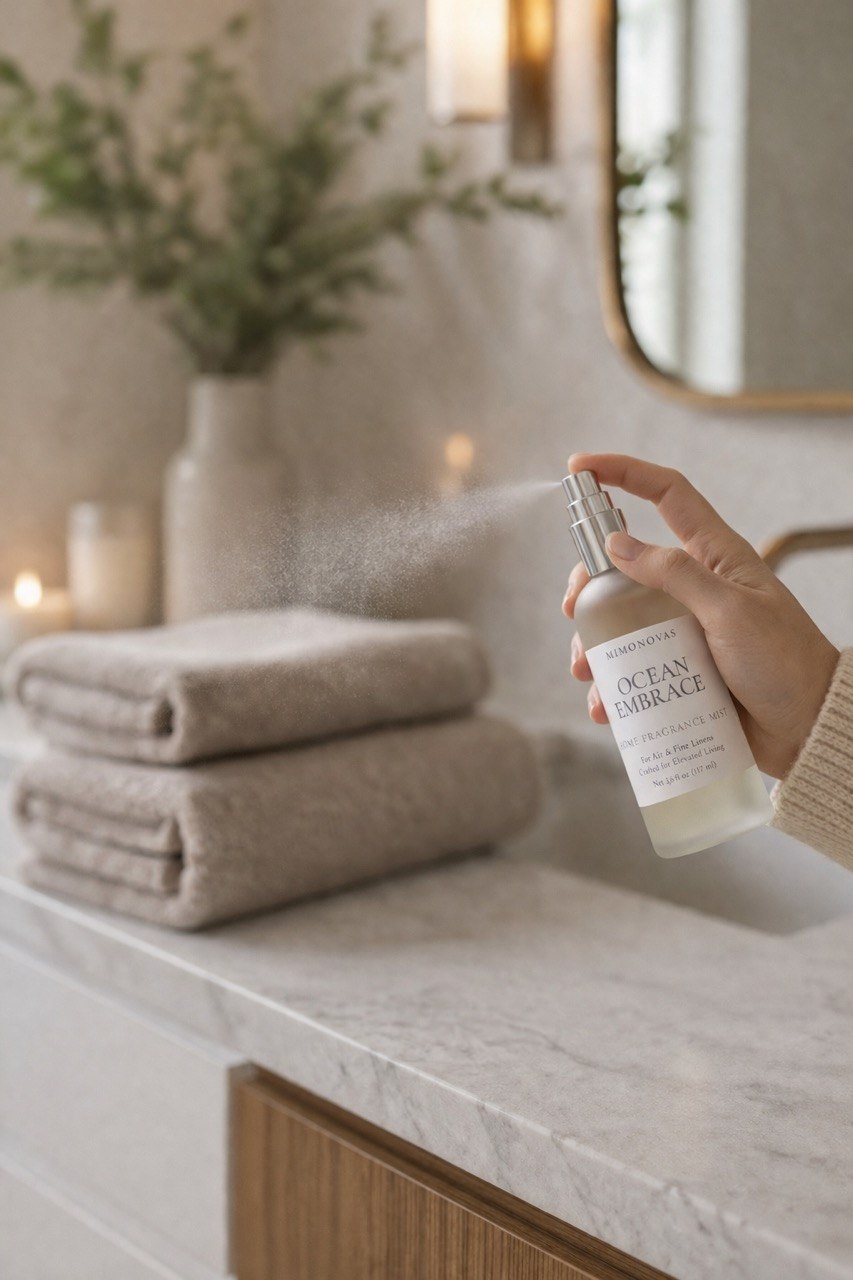 Person sprays a cleaning product onto a bathroom countertop with folded towels and candles nearby.