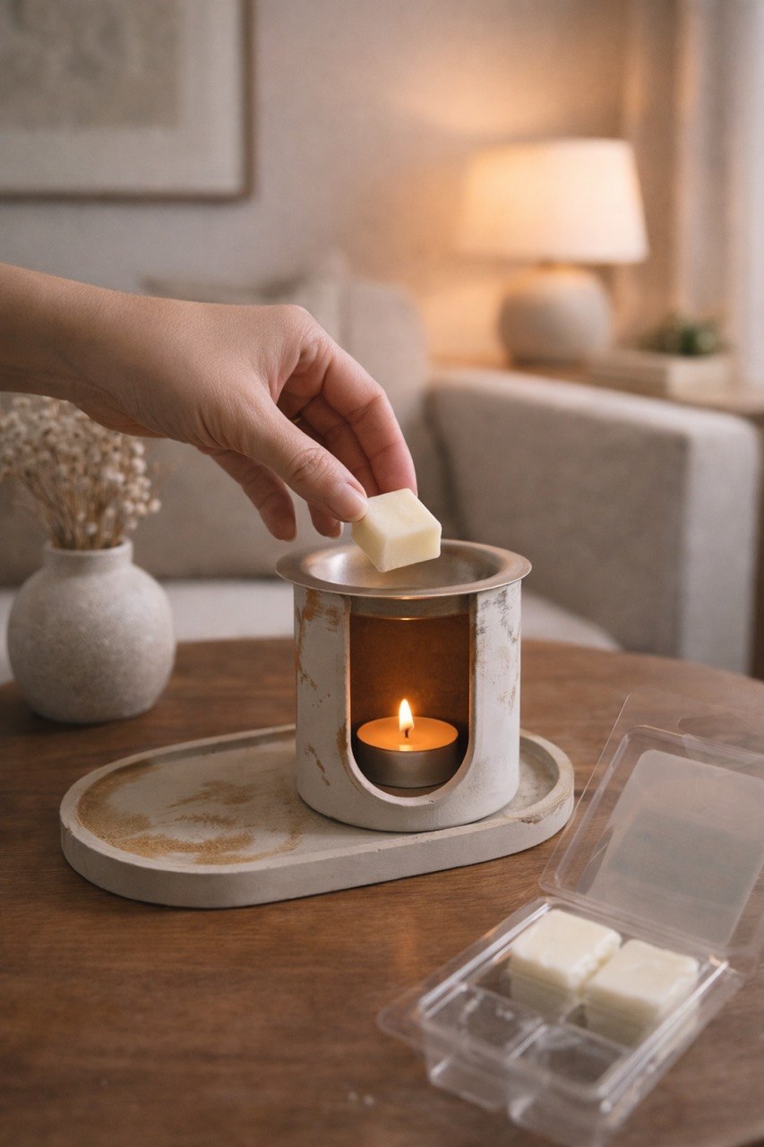 Person placing a white cube into a small candle holder with a lit candle inside, on a wooden table.