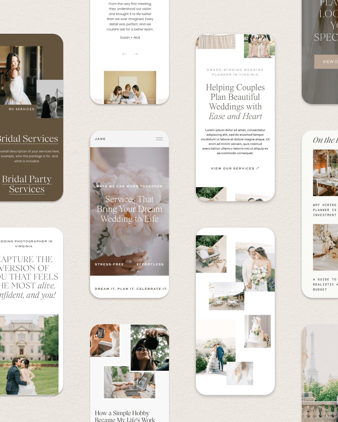 Collection of wedding and bridal services brochures and images, including couples, ceremonies, and venue photos.