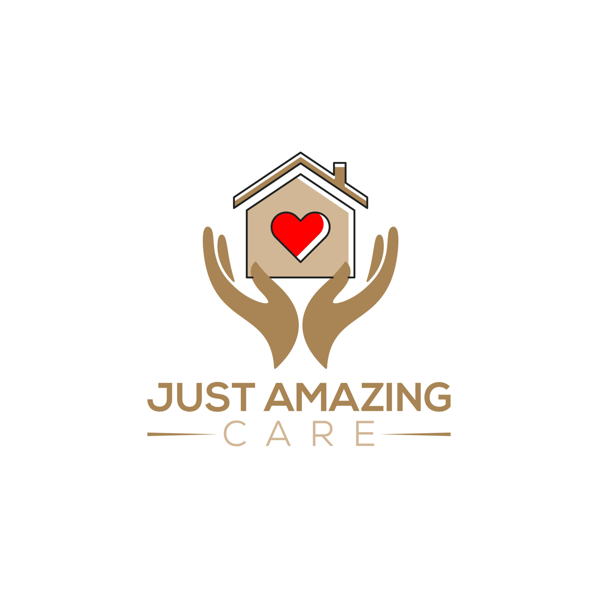 Logo with two hands holding a house with a heart inside, and the text 'Just Amazing Care'.