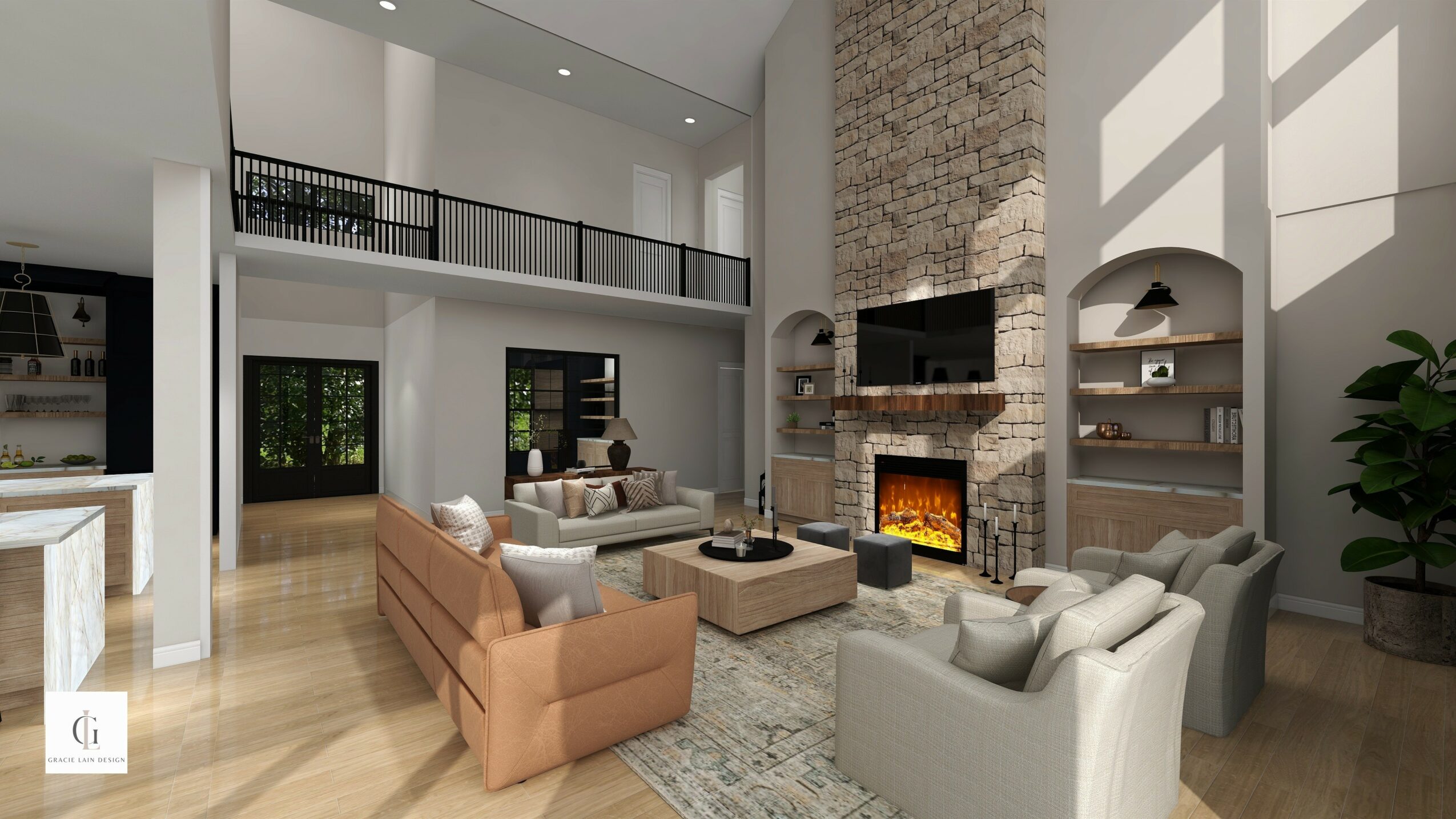 Spacious living room with high ceiling, fireplace, large windows, and modern furniture arranged around a coffee table.