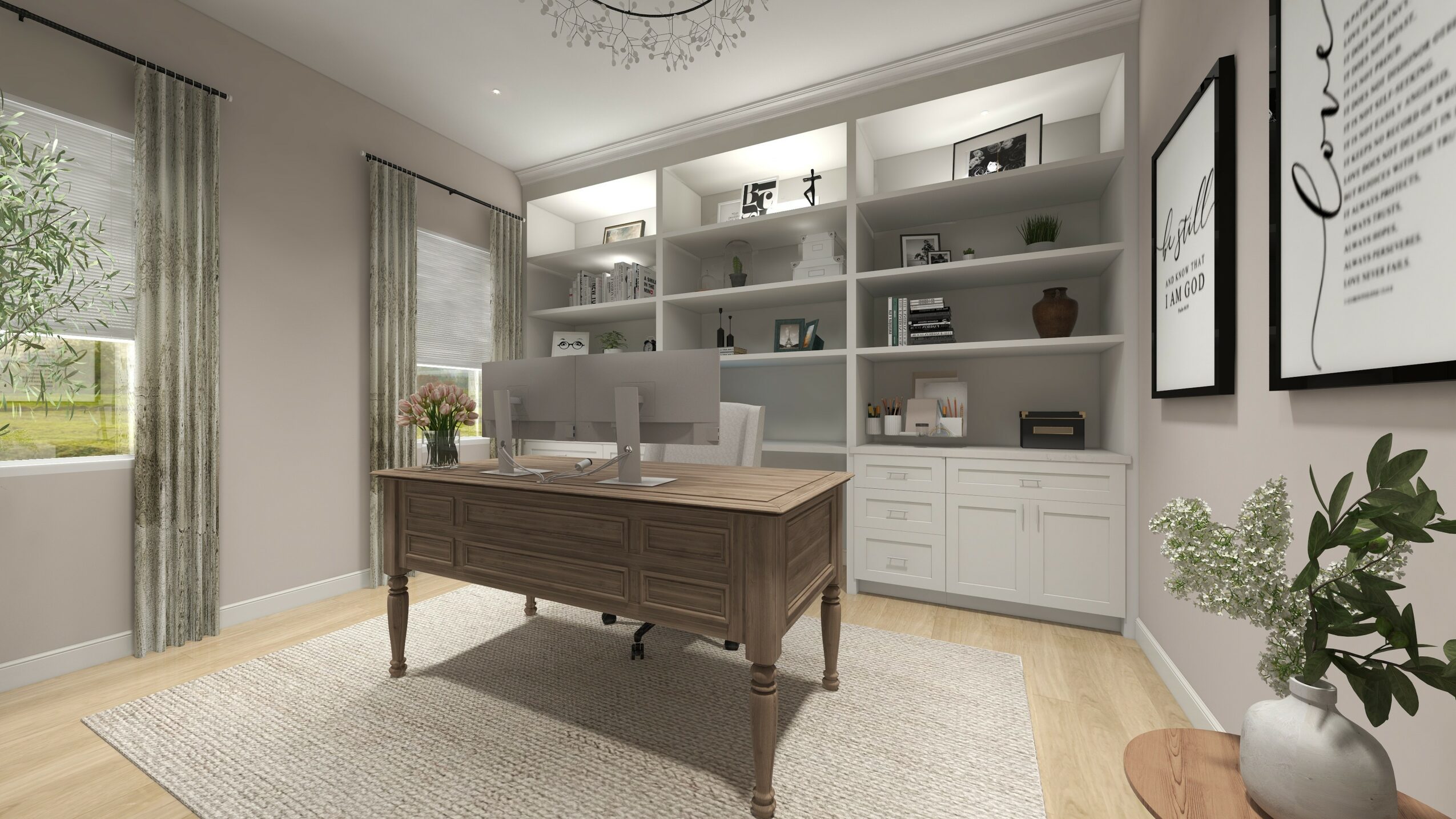 Home office with wooden desk, white shelves, window with curtains, potted plant, and framed artwork on wall.