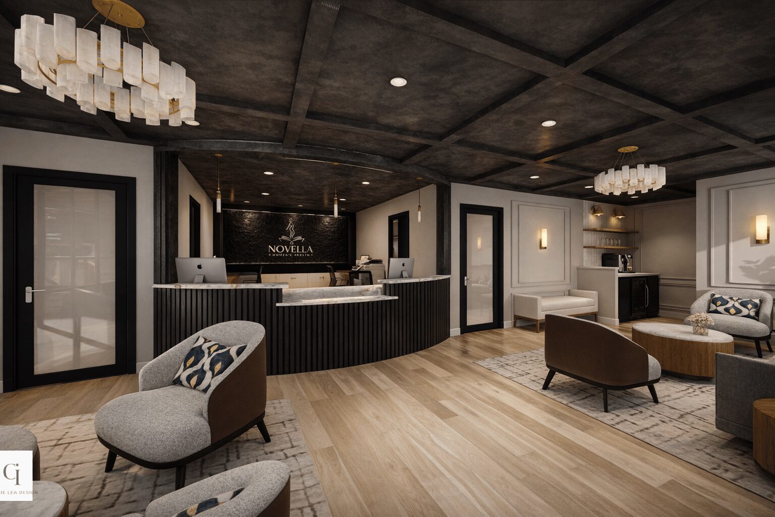 Hotel lobby with seating area, reception desk, and modern decor, featuring wooden flooring and ceiling lights.