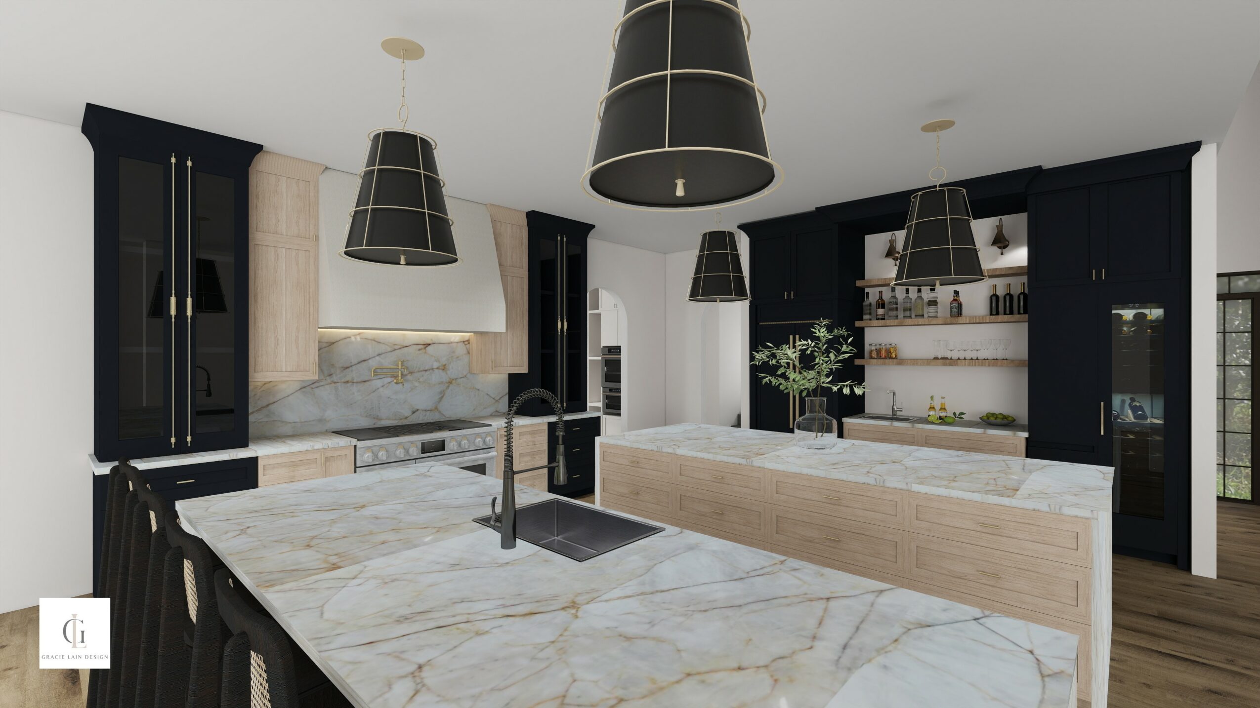 Modern kitchen with black cabinets, marble countertops, open shelving, and pendant lights over island.