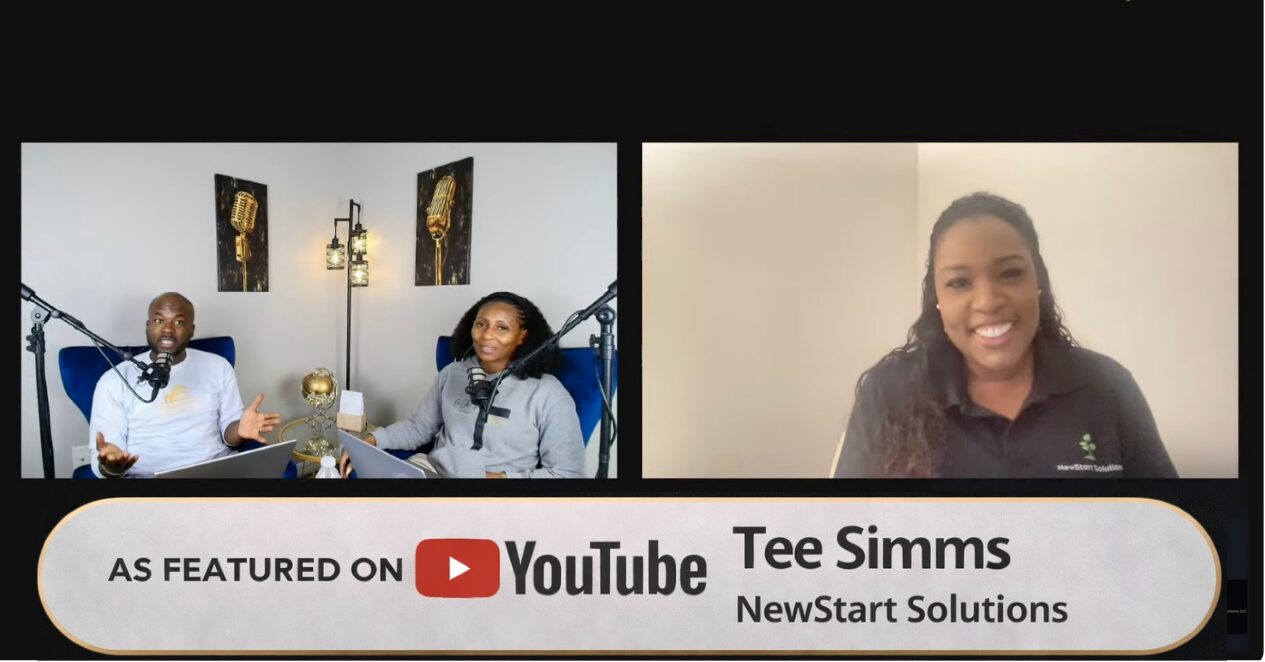 Two people sit at a table with microphones, and a woman smiles in a separate frame, with a banner below.