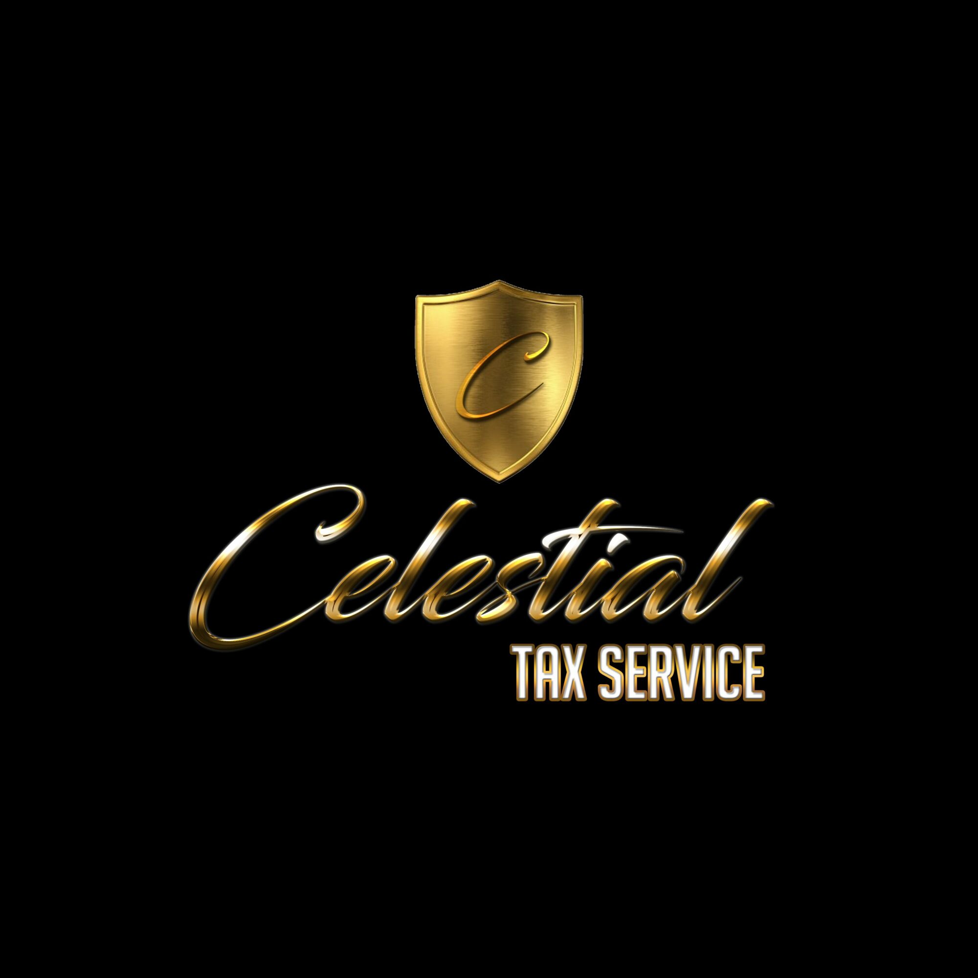 Gold shield with a letter 'C' and text 'Celestial Tax Service' on black background.