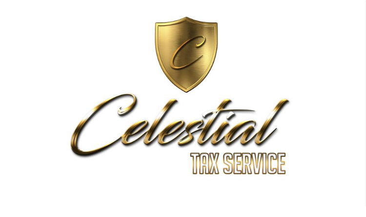 Gold shield with a letter 'C' above the words 'Celestial Tax Service' in gold and black.