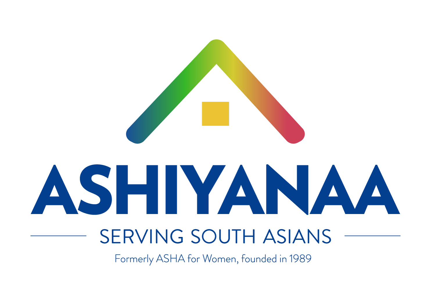 Logo with a colorful house icon above the text 'ASHIYAAA' and tagline 'Serving South Asians' on a black background.