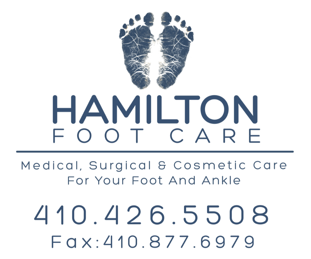 Footprints with tree branch pattern, text about Hamilton Foot Care, contact details, and services offered.