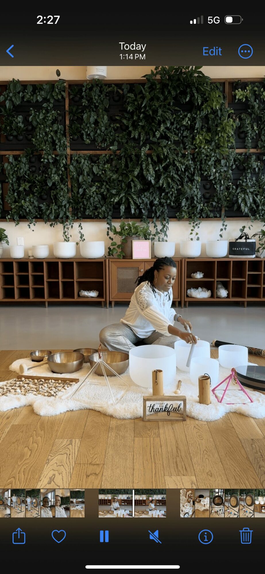 Child sitting on floor with various objects, plants on wall, wooden shelves behind, and a wooden floor.