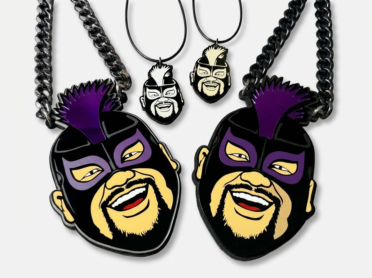 Two large cartoon-style face necklaces with purple masks and bearded faces, and two smaller face earrings with similar design.