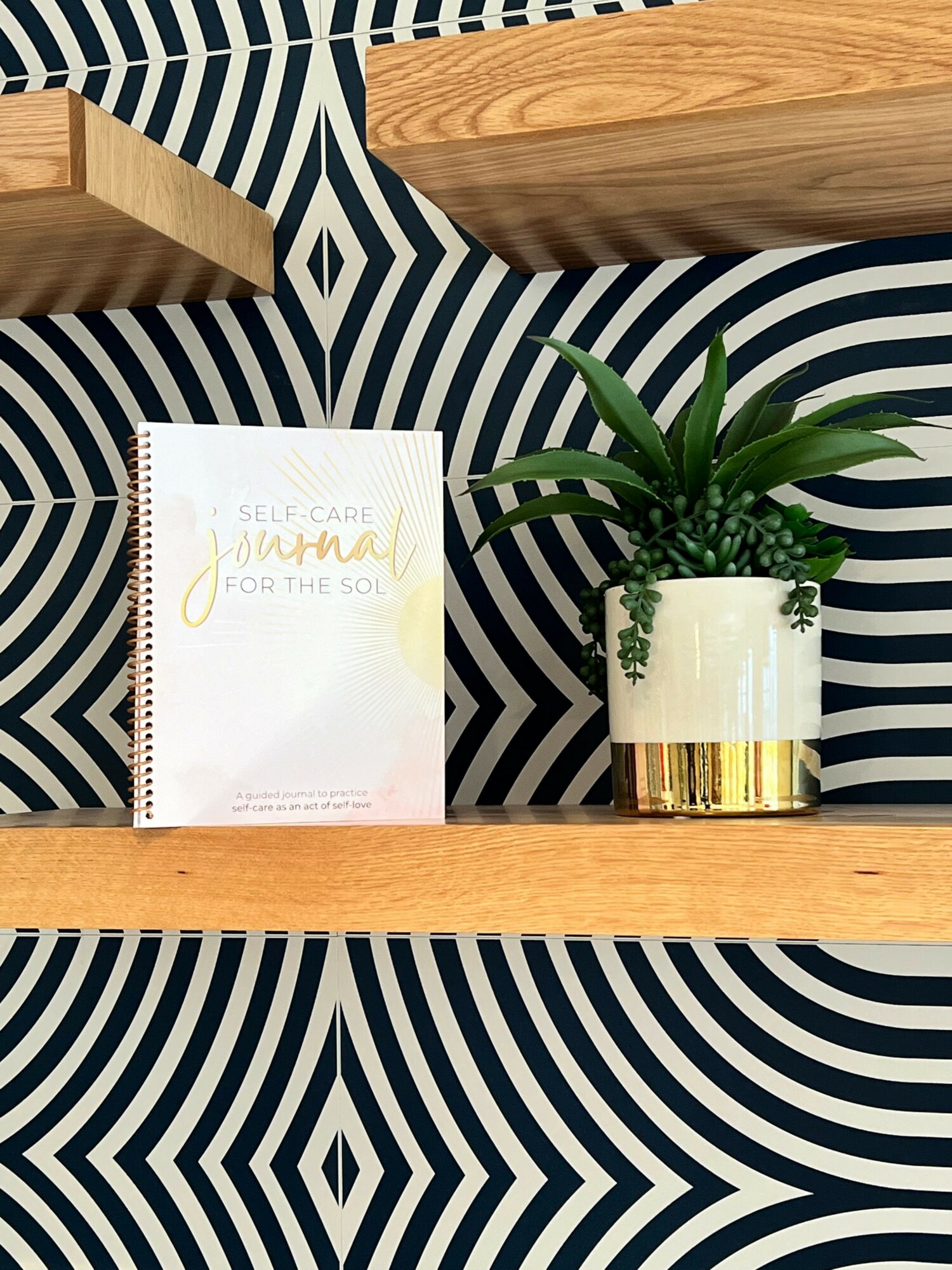 Shelf with a potted plant and a journal against a patterned wall background.