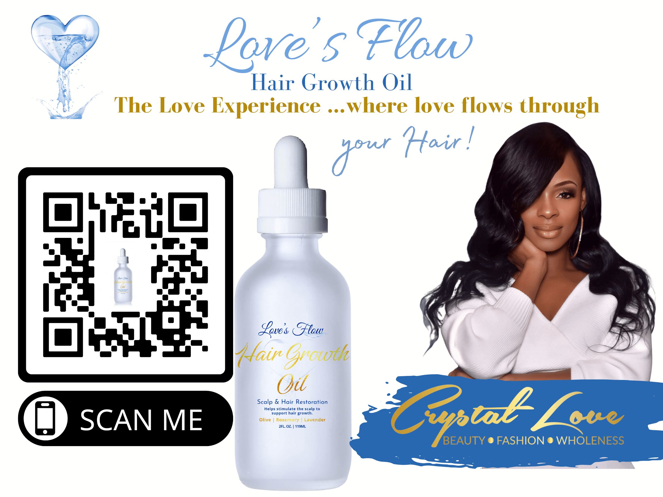 Product bottle of Love's Flow Hair Growth Oil, a woman with long black hair smiling, QR code, and text about hair care.