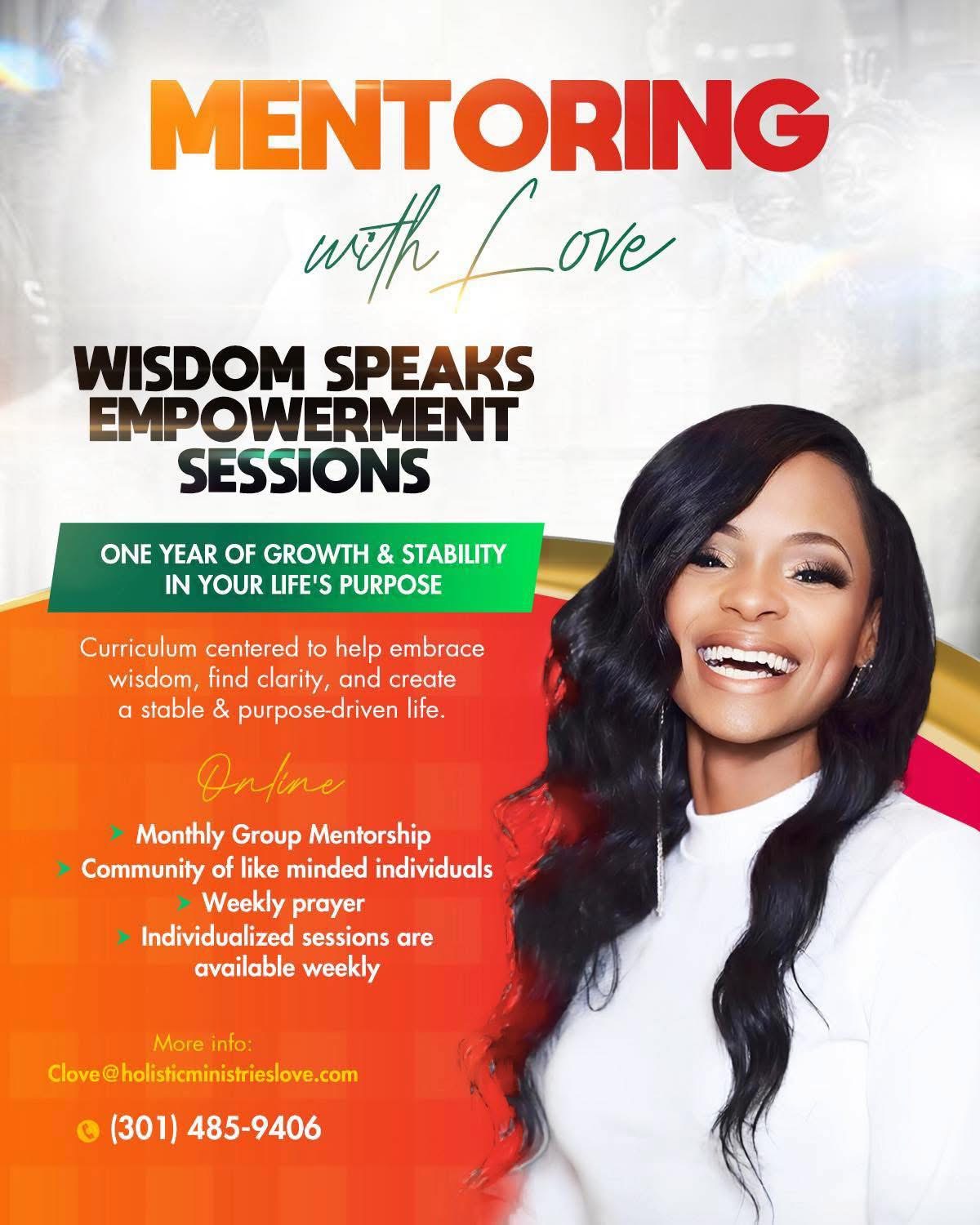 Flyer promoting mentoring with a smiling woman, colorful text, and details about sessions and contact information.