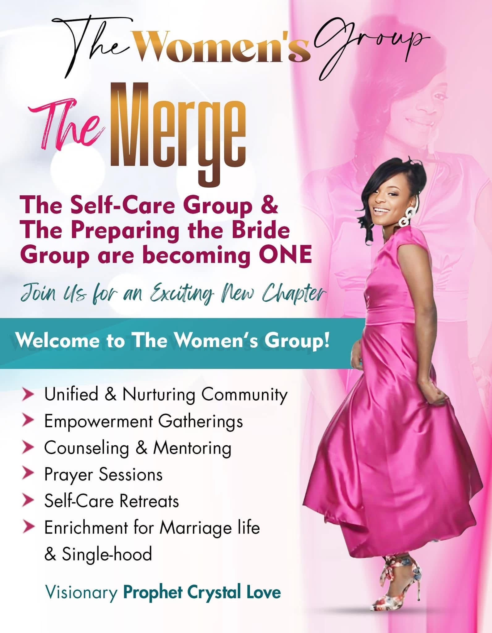 Woman in pink dress standing and smiling, promotional poster for women's self-care group event.