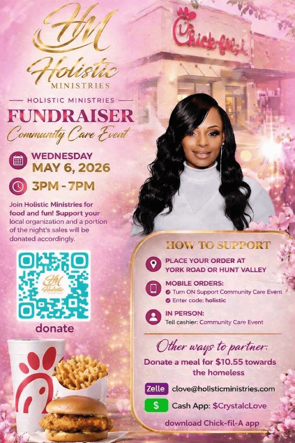 Flyer for a community fundraiser event with pink and gold design, featuring a woman with long black hair, event details, and donation options.