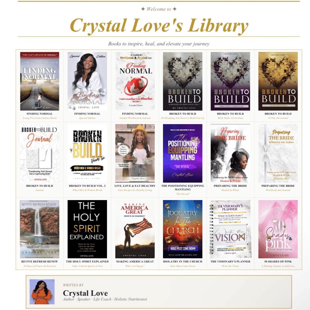 Book covers displayed in a grid with titles and authors, part of Crystal Love's library collection.