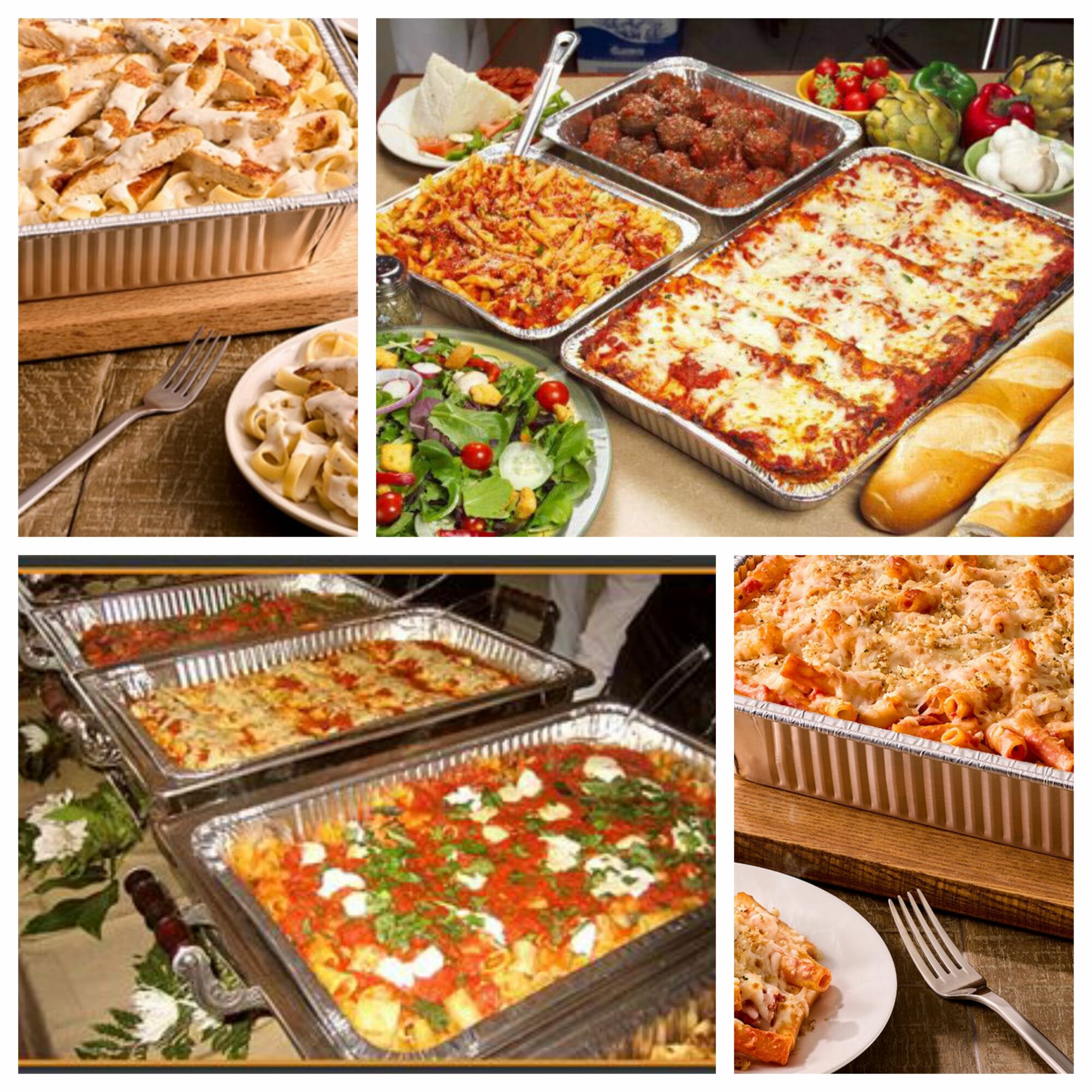 Assorted baked dishes including lasagna, casserole, and pizza with salad and bread on side.