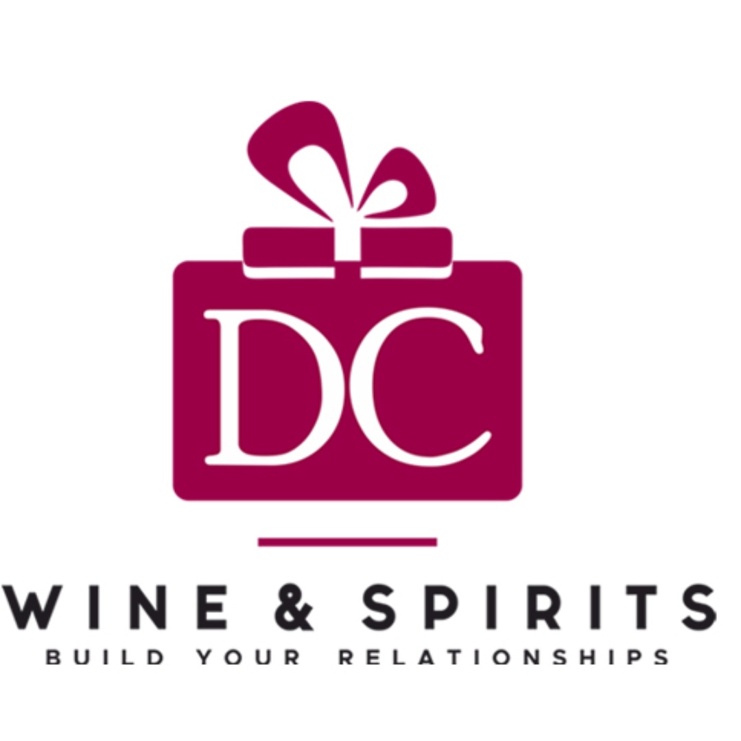 Logo with a gift box and the letters 'DC', with text 'WINE & SPIRITS' and tagline below.