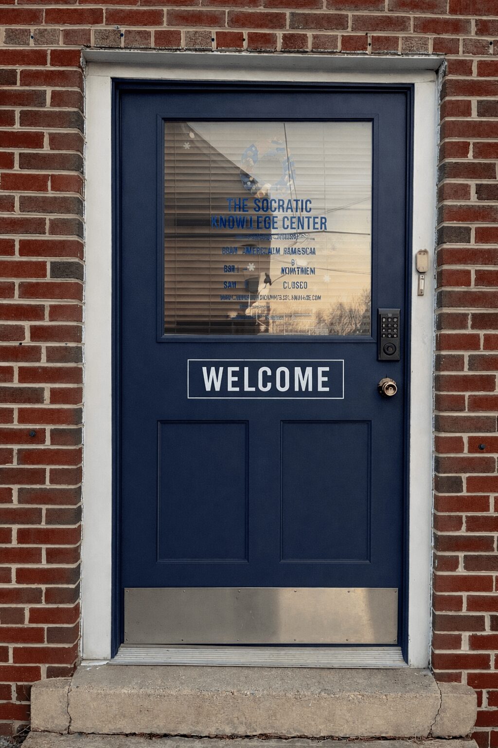 Blue door with a window, welcome sign, and brick wall background.