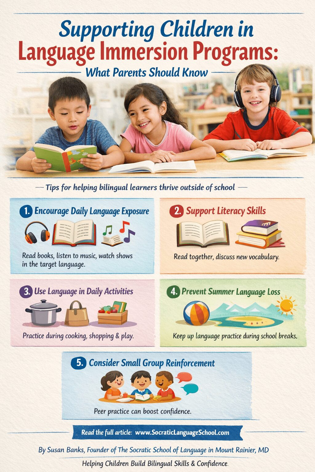 Book cover titled Supporting Children in Language Immersion Programs with children reading and smiling at a table.