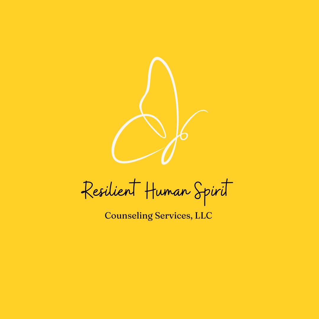 Minimalist butterfly outline with text 'Resilient Human Spirit' and 'Counseling Services, LLC' on yellow background.