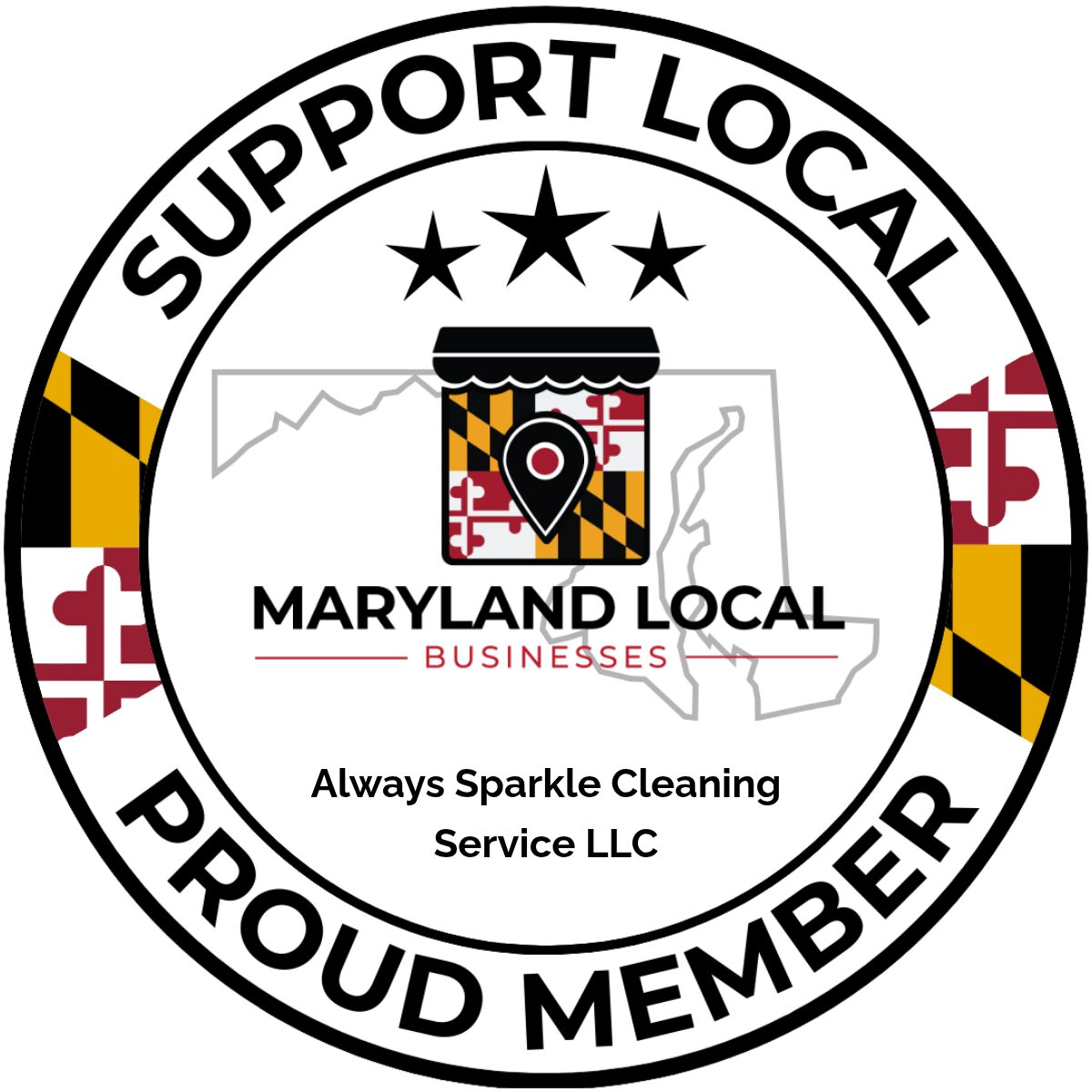 Circular badge supporting Maryland local businesses, with Maryland map, stars, and Maryland flag elements.