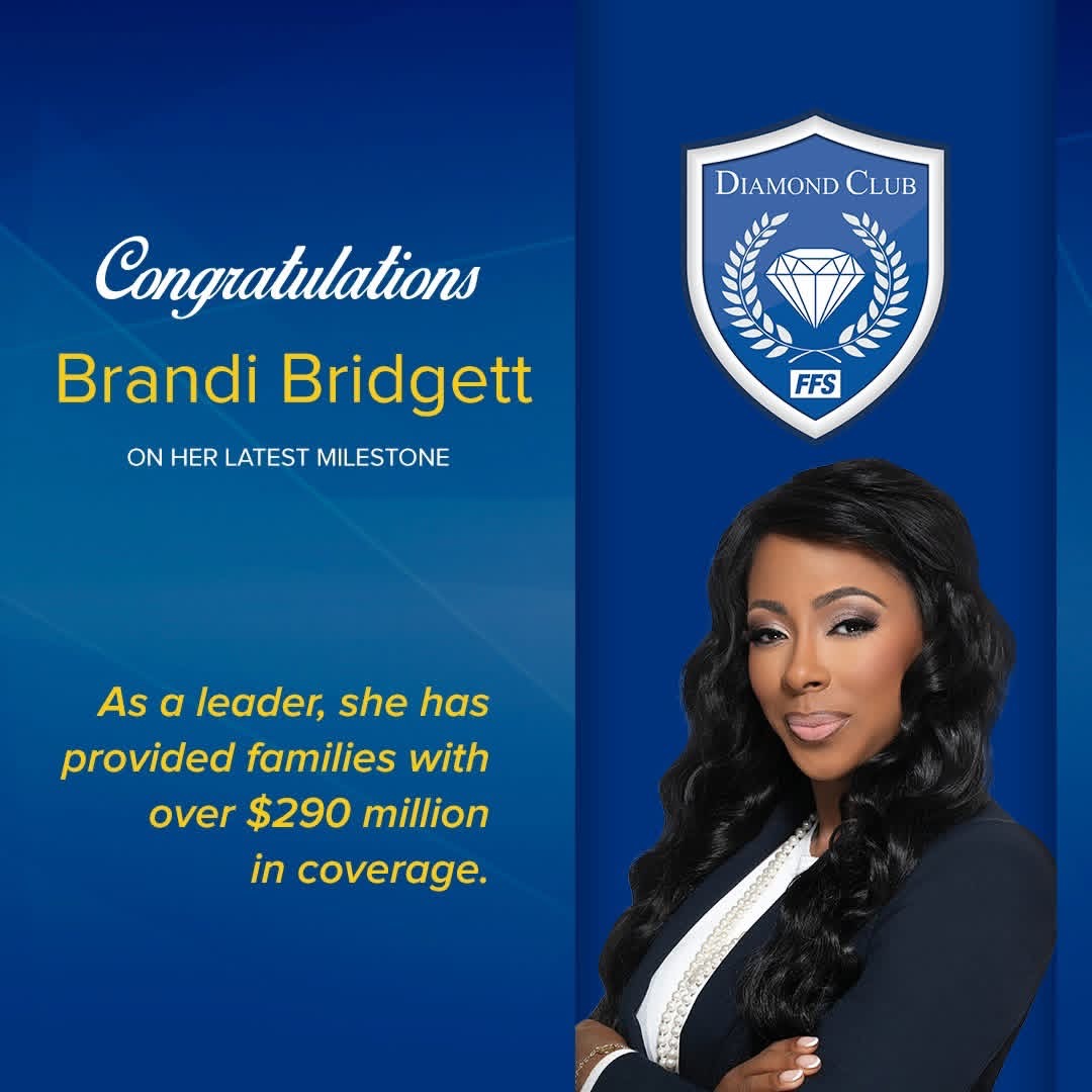 Celebratory certificate with a woman in formal attire, Diamond Club logo, and congratulatory message for Brandi Bridgett.