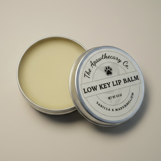 Open tin container with vanilla and marshmallow flavored lip balm, lid beside it, on a plain surface.