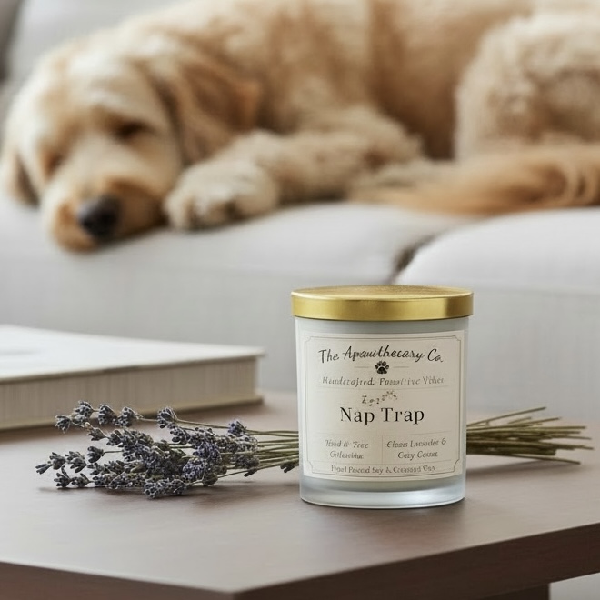 Golden retriever dog lying on a couch with a candle and lavender flowers on a table.