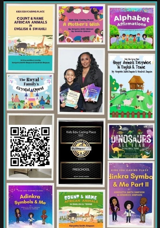 Collection of children's books, a woman and child holding books, QR code, and educational posters on a wall.