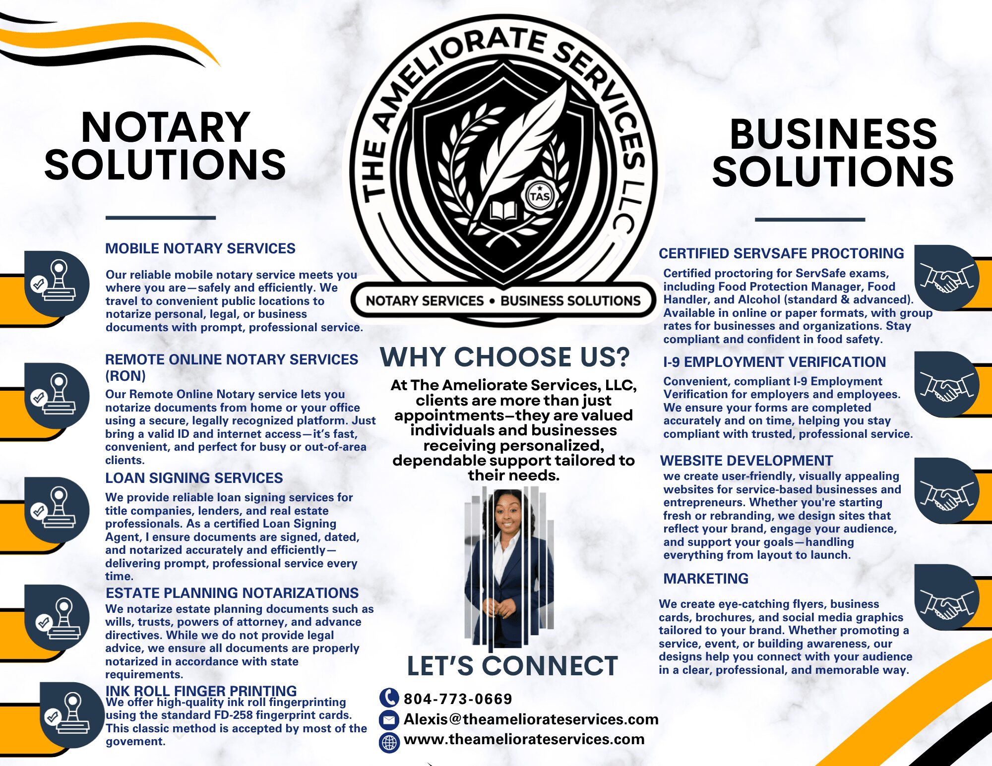 Brochure with sections on notary and business solutions, featuring a central logo, contact info, and images of people and documents.