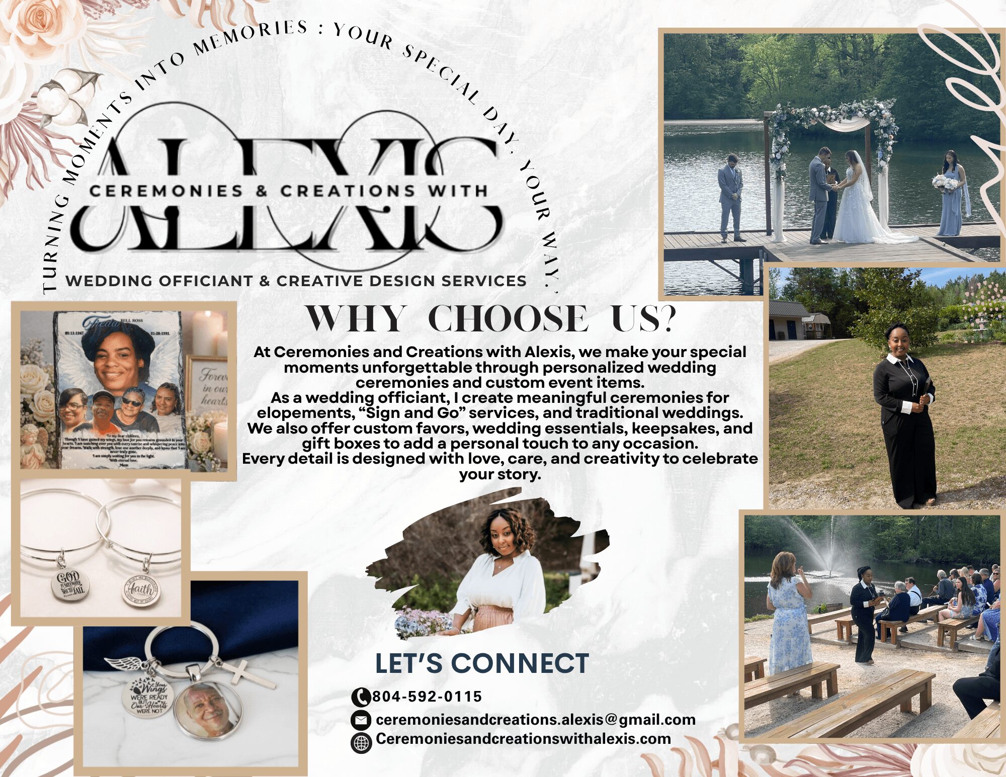 Collage of wedding images including ceremony, couple, rings, and reception scenes with text about wedding services.