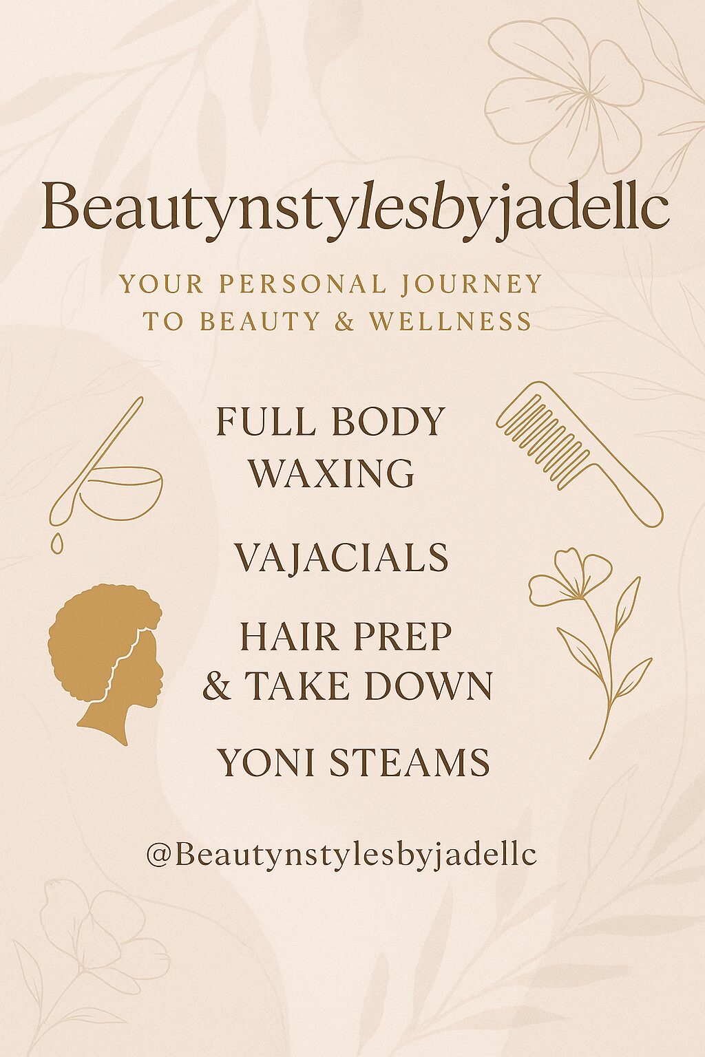 Beauty and wellness services list with floral illustrations, including full body waxing, vajacials, hair prep, and Yoni steams.