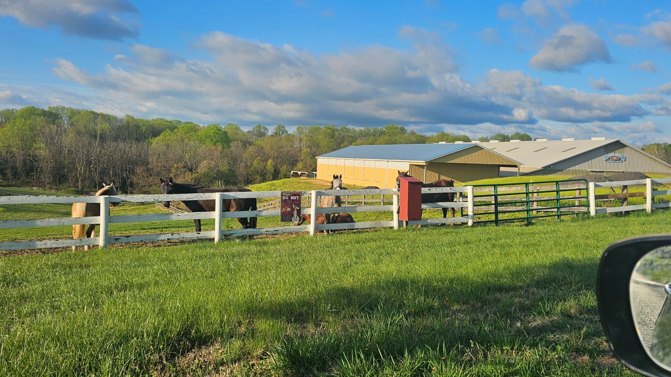 Open grassy field with a wooden fence, buildings, trees, and a partly cloudy sky in the background.