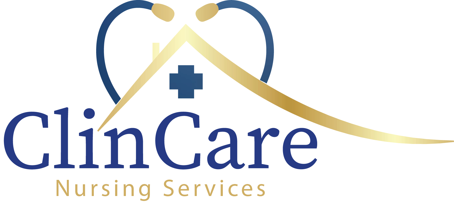 Logo with a heart, house, and cross, with text 'ClinCare Nursing Services' on a black background.