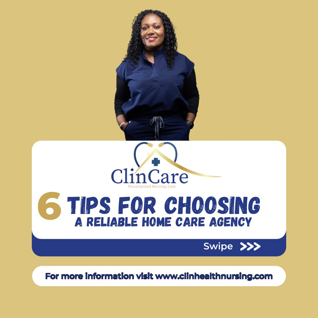 Woman with curly hair in navy outfit smiling, standing against a beige background, above a ClinCare informational card.