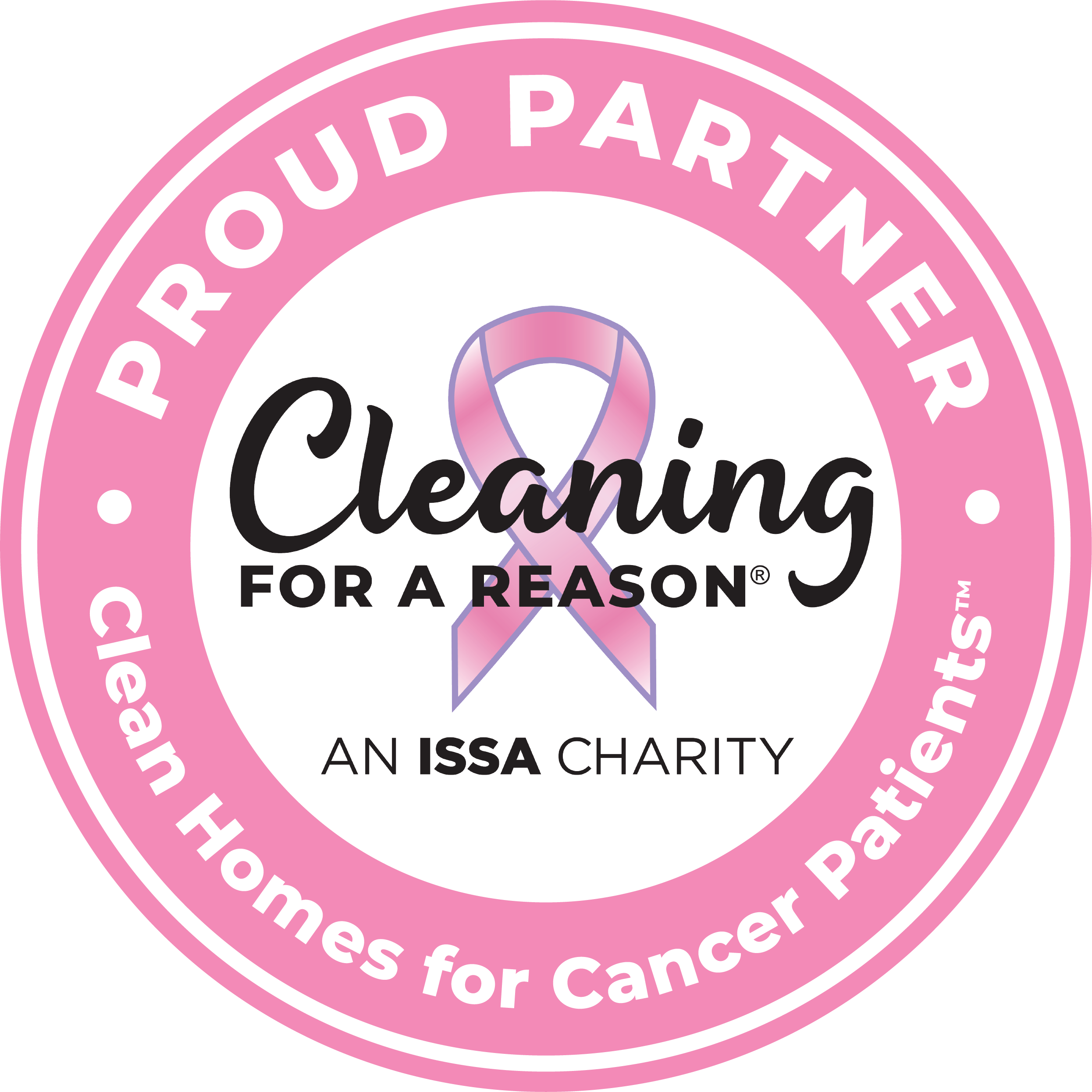 Pink circular badge with text supporting cancer patients and a pink ribbon symbol in the center.