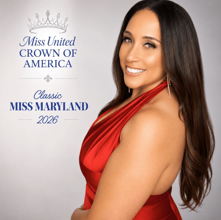 Woman in red dress smiling, text reads Miss United Crown of America, Miss Maryland 2026, with a crown graphic.