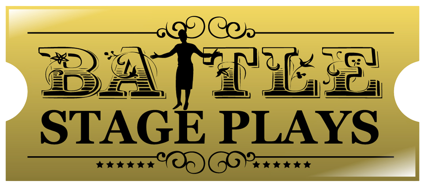 Gold and black sign with text 'BATTLE STAGE PLAYS' and a silhouette of a woman with horns.