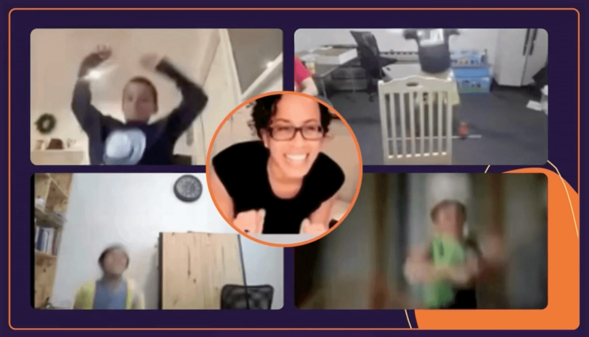 Four people in a video call, one smiling woman in the center, others in various settings, some blurred.