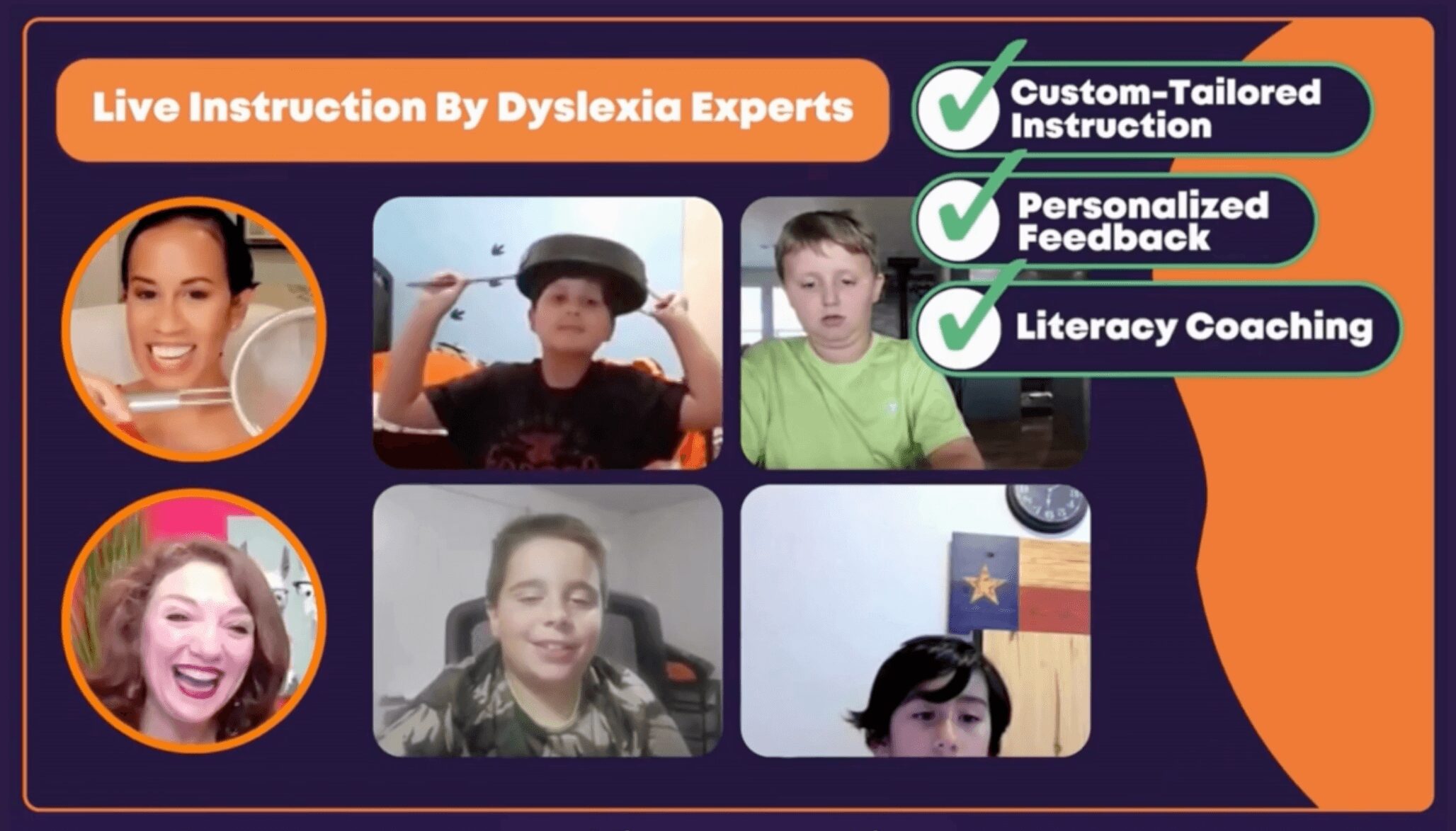 Screenshot of a virtual instruction session with five children and a presenter, with checkmarks for tailored instruction, feedback, and coaching.