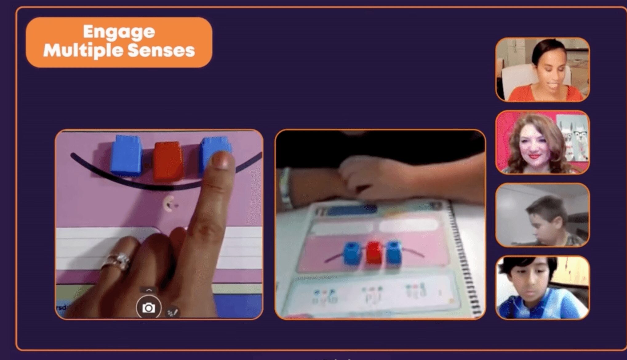 Educational slide showing engaging activities for multiple senses with colorful objects and children participating.