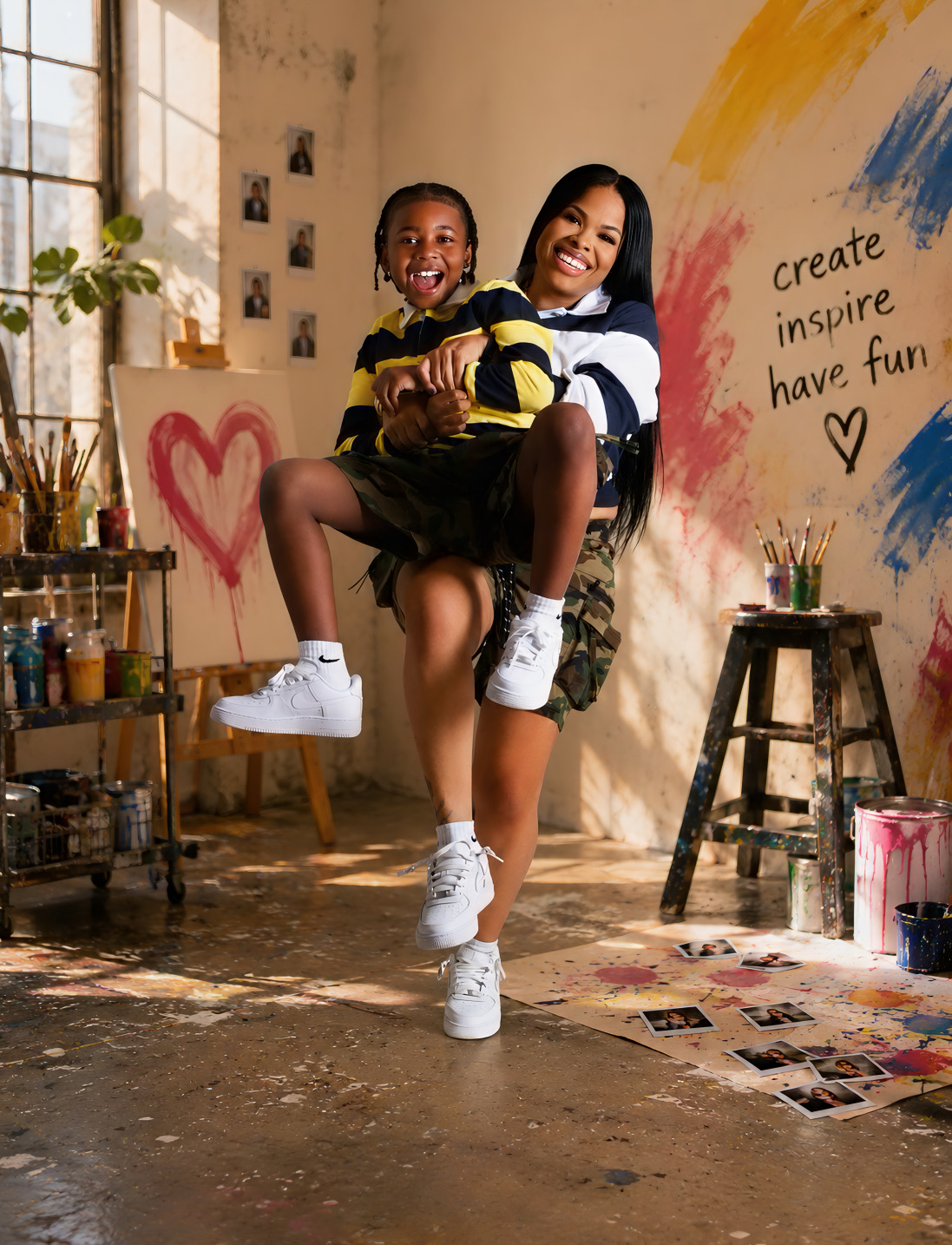 Woman holding a child in an art studio with colorful wall, paintings, and art supplies, smiling happily.