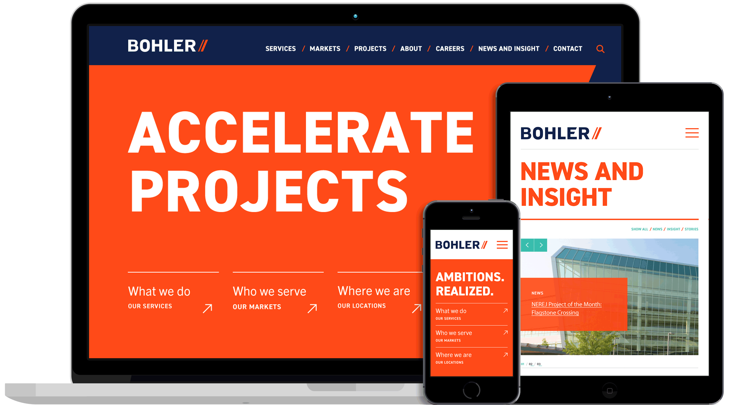 Screens display a website with bold orange and white text, showing company information and project details.