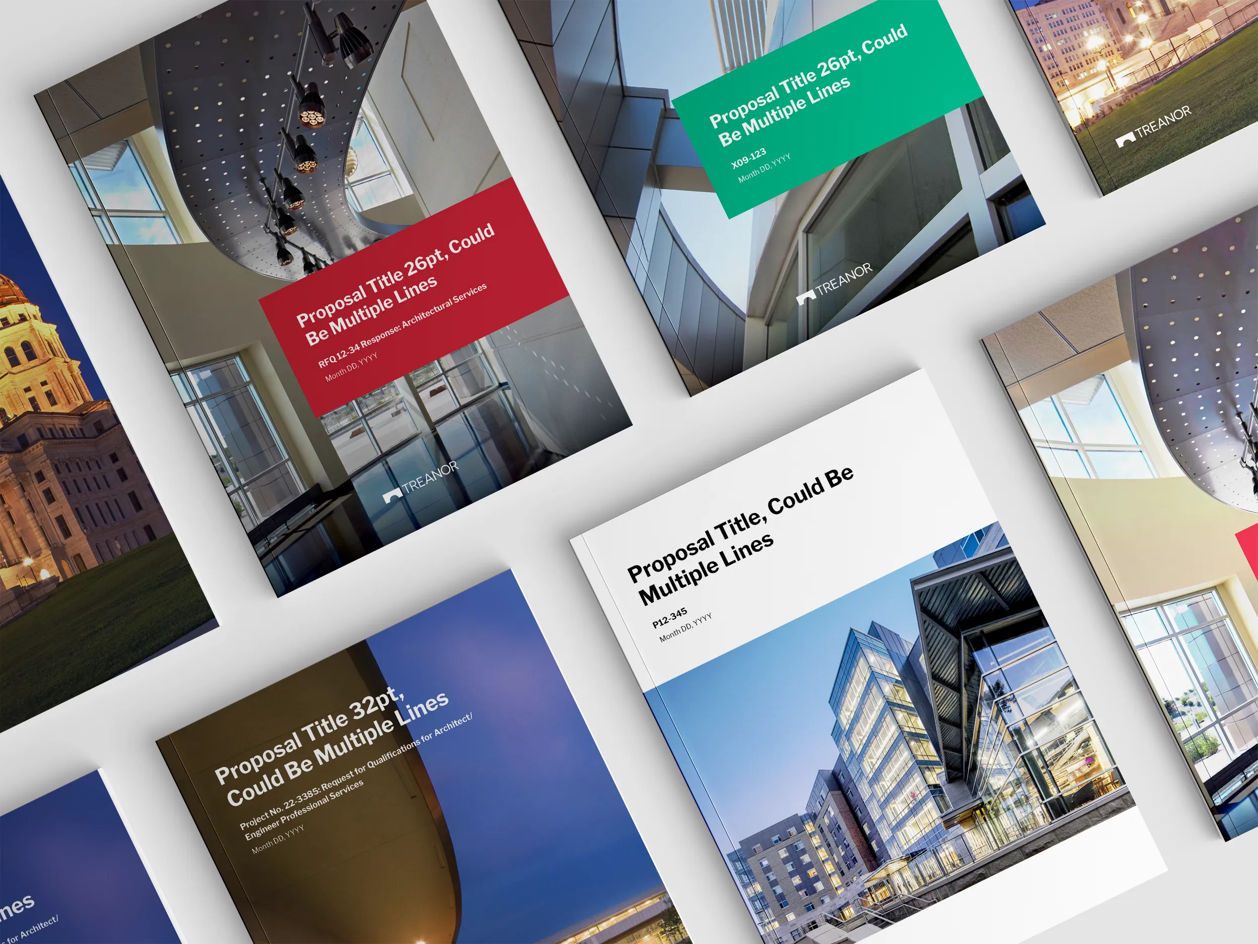 Multiple presentation slides with building images and text, arranged in a scattered pattern on a white background.