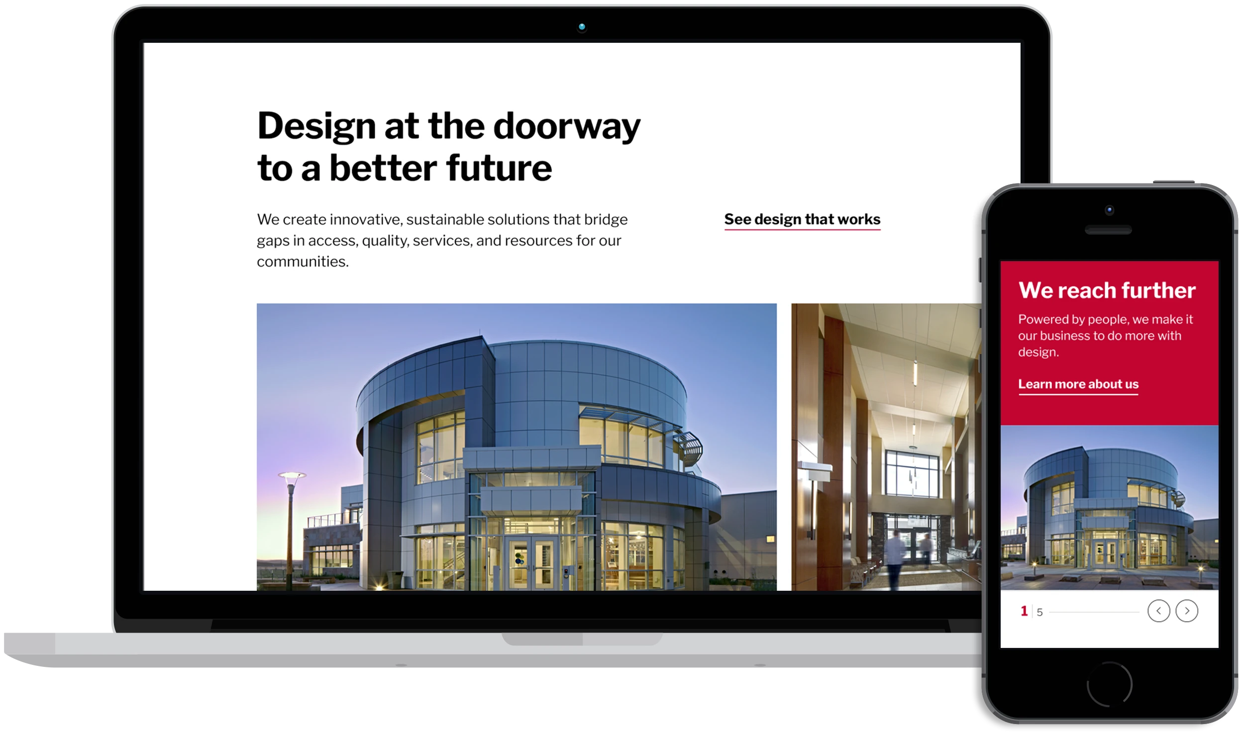 Laptop and smartphone screens display a building design project with text and images, including a curved glass building and a red banner.